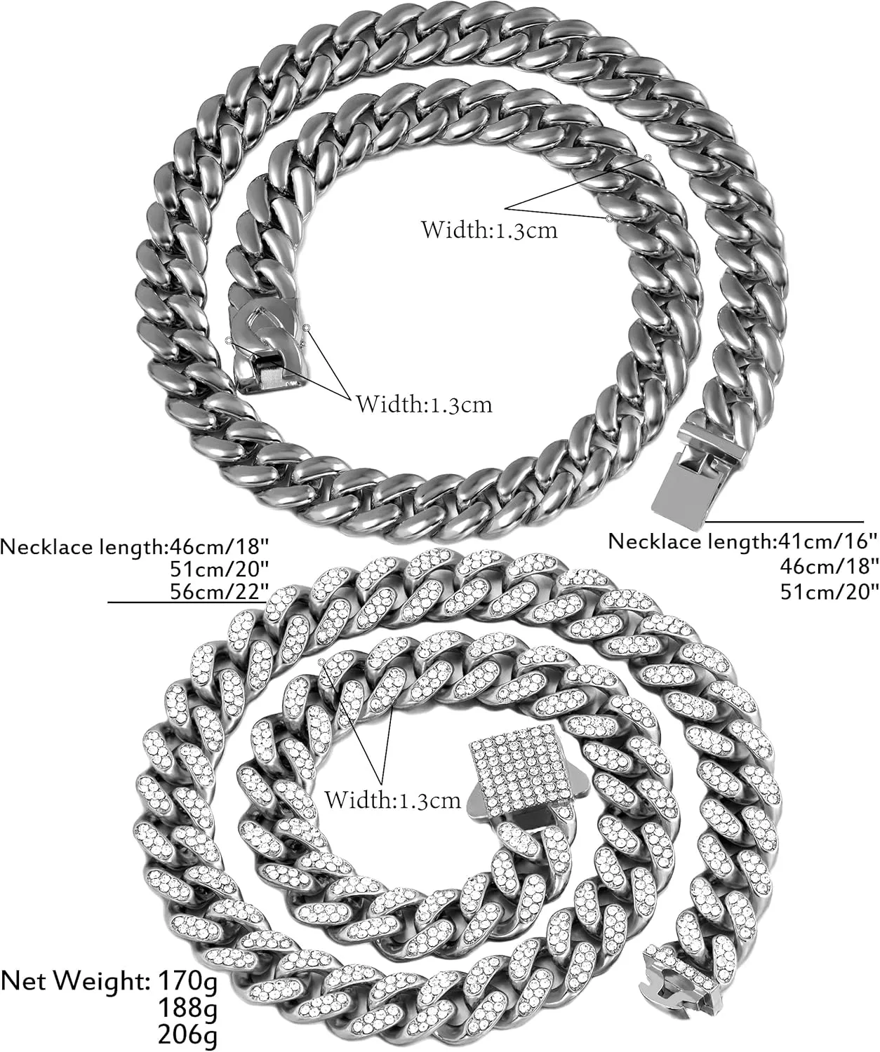 2PCS Cuban Link Chain for Men Women Miami Cuban Link Chain Necklace Gold Silver Plated Bling Diamond Chain Trendy Choker Chain Necklaces Jewelry for Men