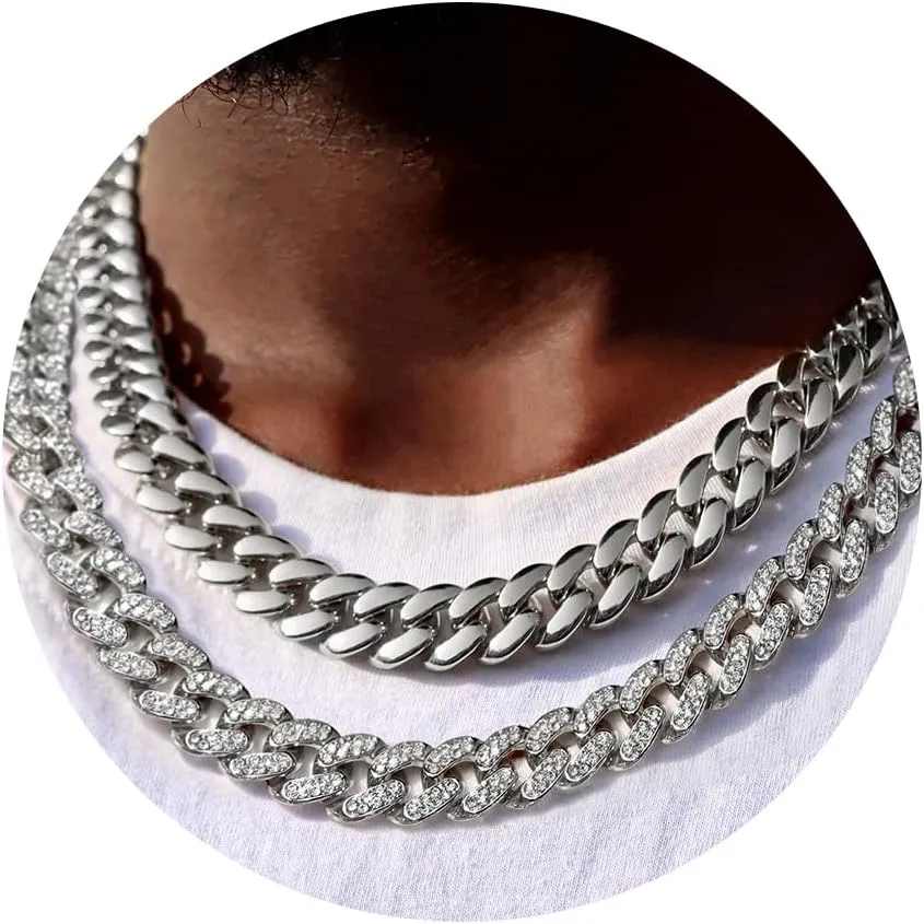 2PCS Cuban Link Chain for Men Women Miami Cuban Link Chain Necklace Gold Silver Plated Bling Diamond Chain Trendy Choker Chain Necklaces Jewelry for Men