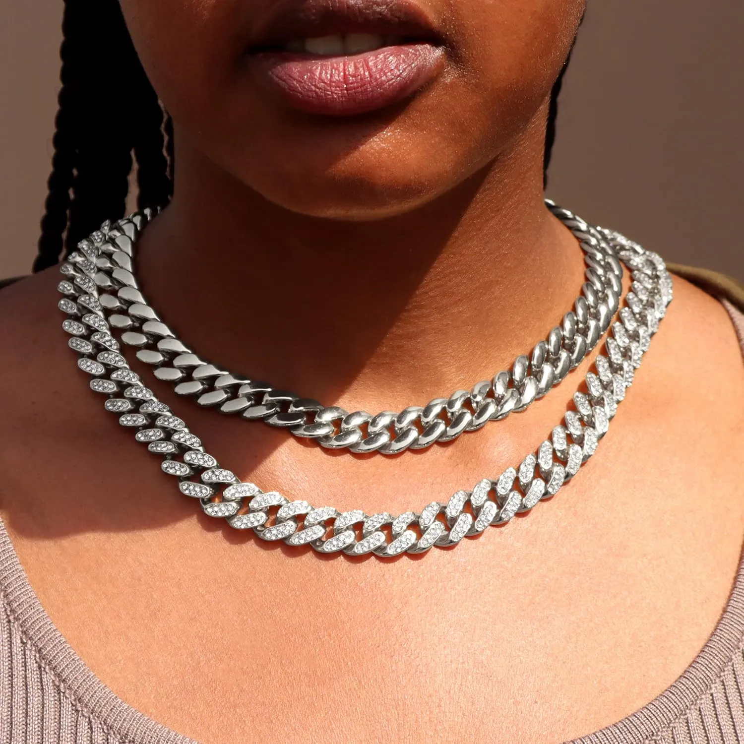 2PCS Cuban Link Chain for Men Women Miami Cuban Link Chain Necklace Gold Silver Plated Bling Diamond Chain Trendy Choker Chain Necklaces Jewelry for Men