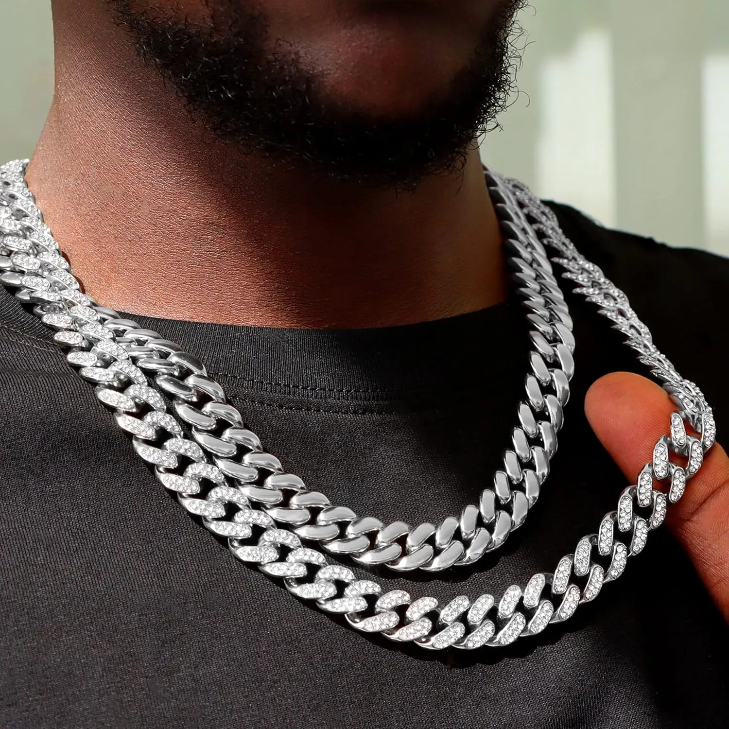 2PCS Cuban Link Chain for Men Women Miami Cuban Link Chain Necklace Gold Silver Plated Bling Diamond Chain Trendy Choker Chain Necklaces Jewelry for Men