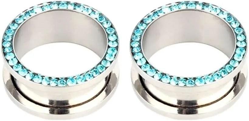 2Pcs Ear Gauge Plugs Women, Unique Ear Gauges with Blue Cubic Zirconia Stainless Steel Gauges for Ears