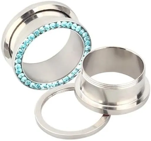 2Pcs Ear Gauge Plugs Women, Unique Ear Gauges with Blue Cubic Zirconia Stainless Steel Gauges for Ears