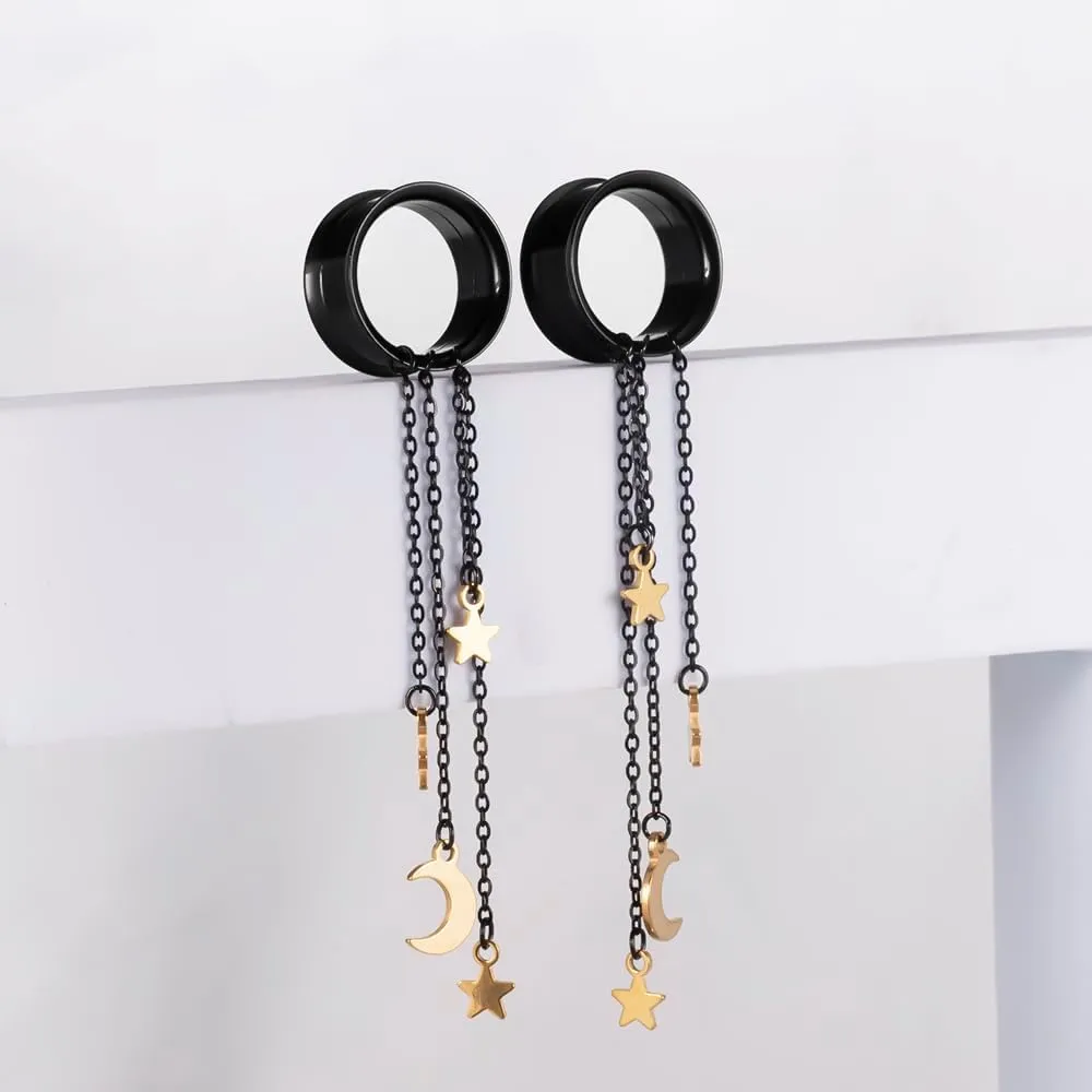 2PCS Ear Gauges Elegant Moon and Star 316L Hypoallergenic Stainless Steel Dangle Ear Plugs Tunnels Gauges Stretcher Pair Selling 2g 0g Piercing Body Jewelry