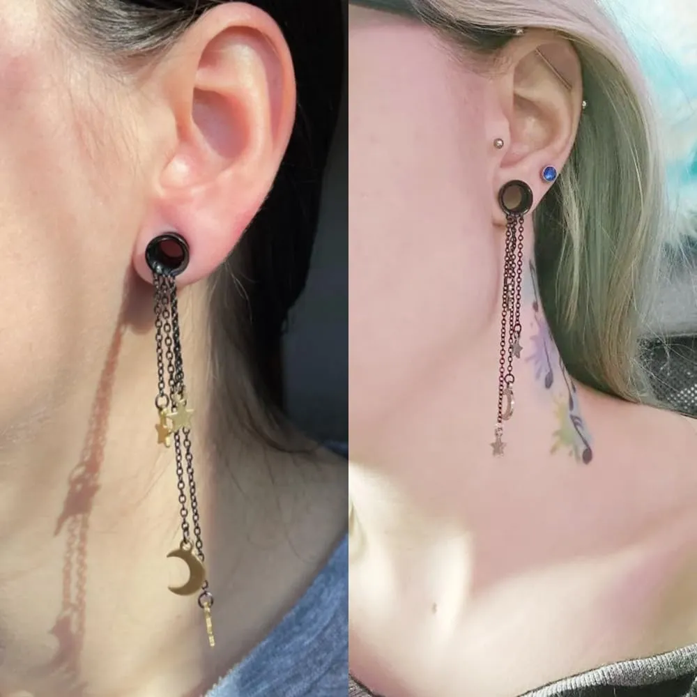 2PCS Ear Gauges Elegant Moon and Star 316L Hypoallergenic Stainless Steel Dangle Ear Plugs Tunnels Gauges Stretcher Pair Selling 2g 0g Piercing Body Jewelry