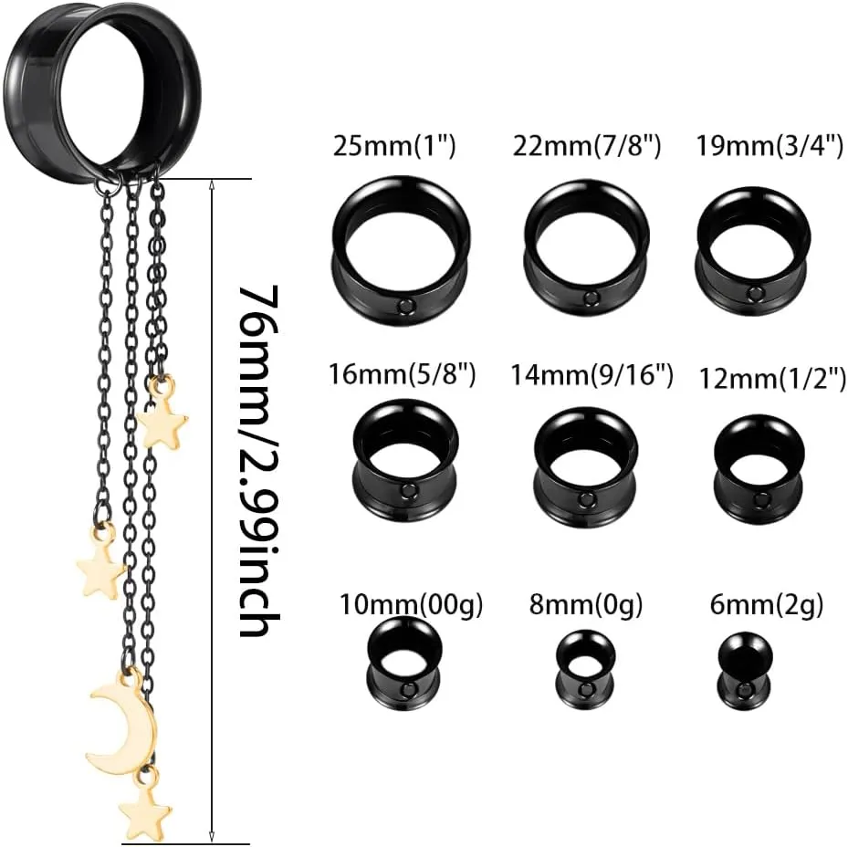 2PCS Ear Gauges Elegant Moon and Star 316L Hypoallergenic Stainless Steel Dangle Ear Plugs Tunnels Gauges Stretcher Pair Selling 2g 0g Piercing Body Jewelry