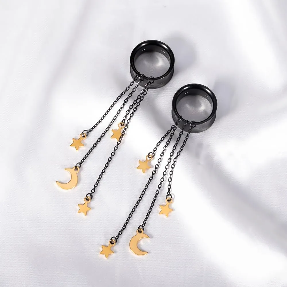 2PCS Ear Gauges Elegant Moon and Star 316L Hypoallergenic Stainless Steel Dangle Ear Plugs Tunnels Gauges Stretcher Pair Selling 2g 0g Piercing Body Jewelry