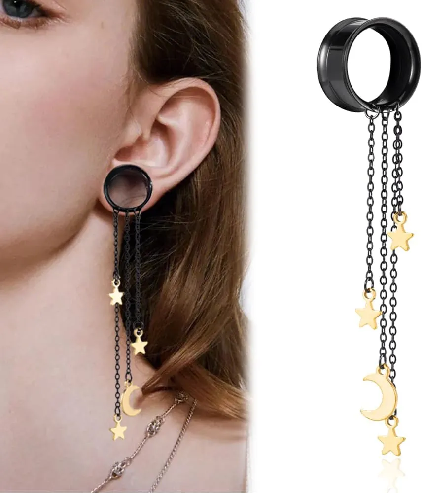 2PCS Ear Gauges Elegant Moon and Star 316L Hypoallergenic Stainless Steel Dangle Ear Plugs Tunnels Gauges Stretcher Pair Selling 2g 0g Piercing Body Jewelry