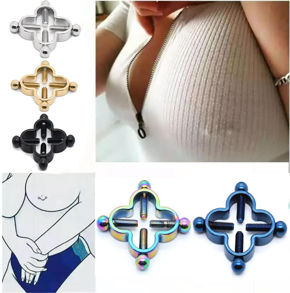 2Pcs Four Leaf Clover Non-Piercing Nipple Rings Stainless Steel Fake Nipple Rings Shield Barbell Ring Nipple Piercing Summer Beach Faux Body Jewelry for Women