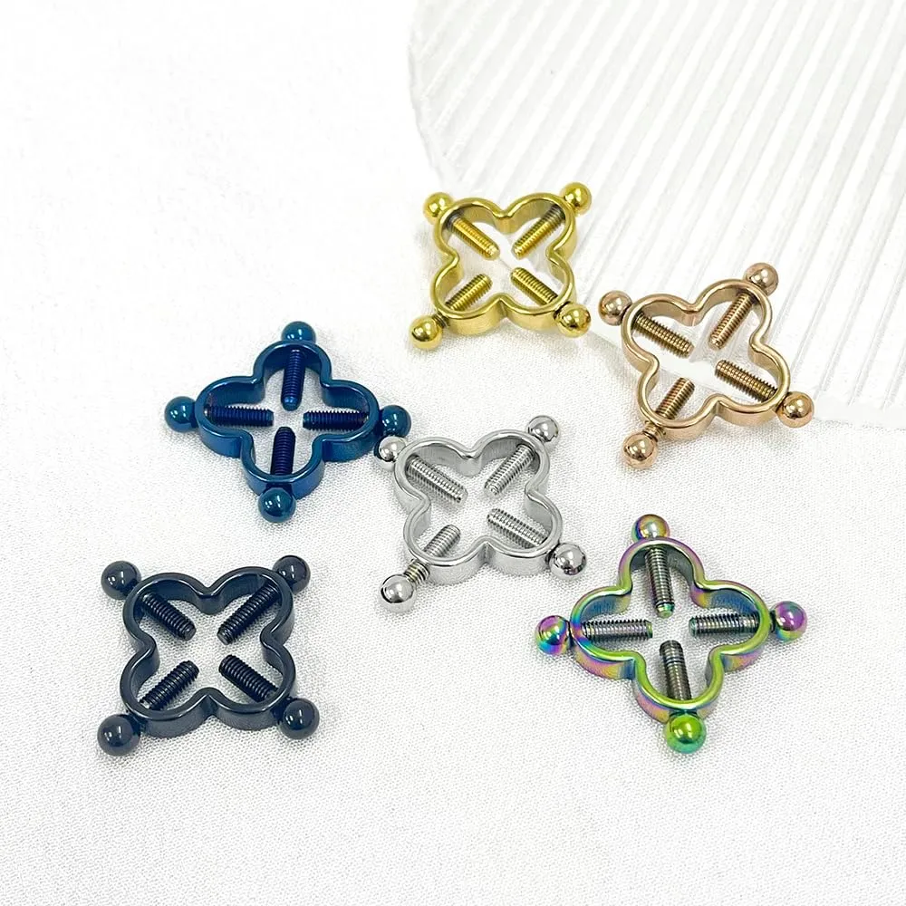 2Pcs Four Leaf Clover Non-Piercing Nipple Rings Stainless Steel Fake Nipple Rings Shield Barbell Ring Nipple Piercing Summer Beach Faux Body Jewelry for Women
