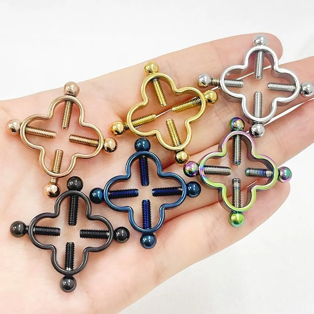 2Pcs Four Leaf Clover Non-Piercing Nipple Rings Stainless Steel Fake Nipple Rings Shield Barbell Ring Nipple Piercing Summer Beach Faux Body Jewelry for Women