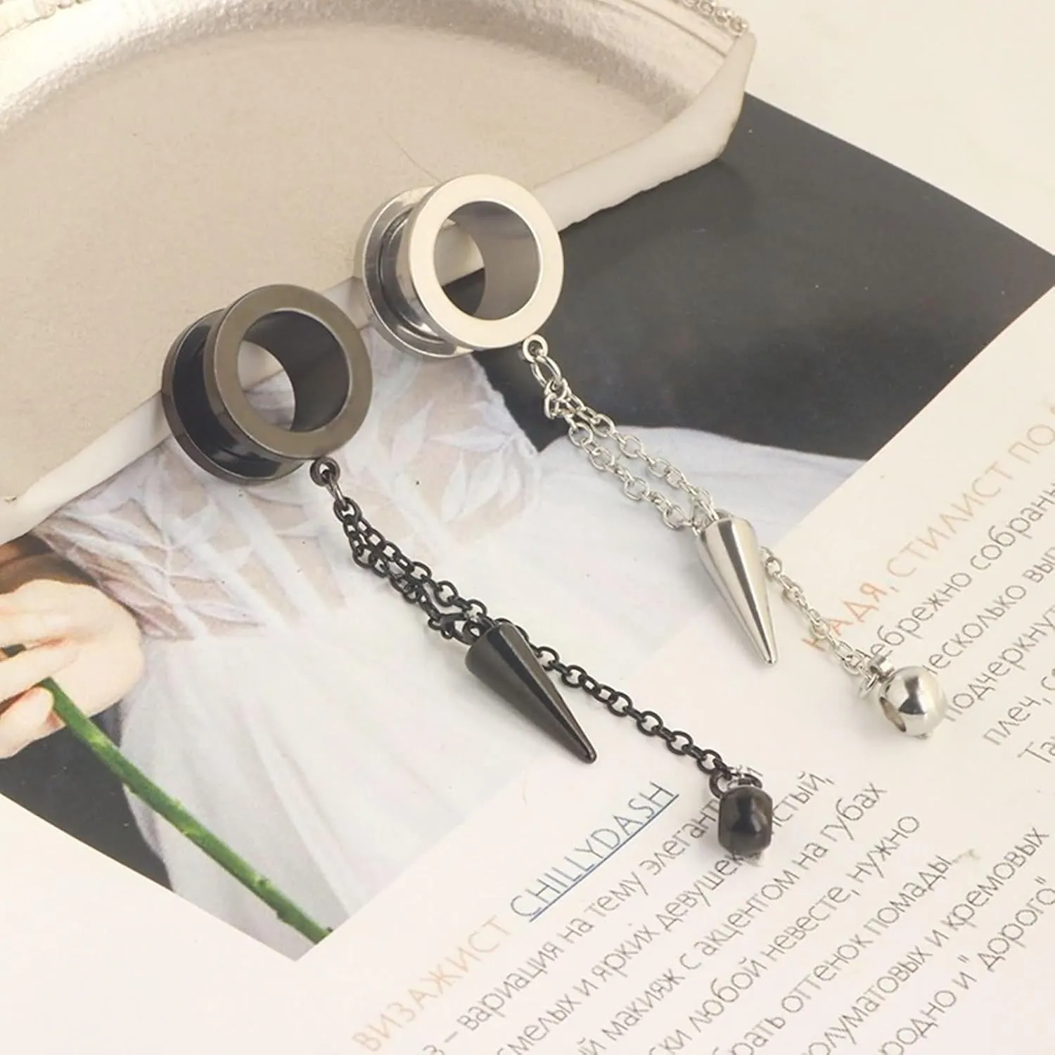 2Pcs Gauged Ear Cuff, Unique Ear Gauges Round with Chain and Cone Pendant, Silver Stainless Steel Gauge Jewelry