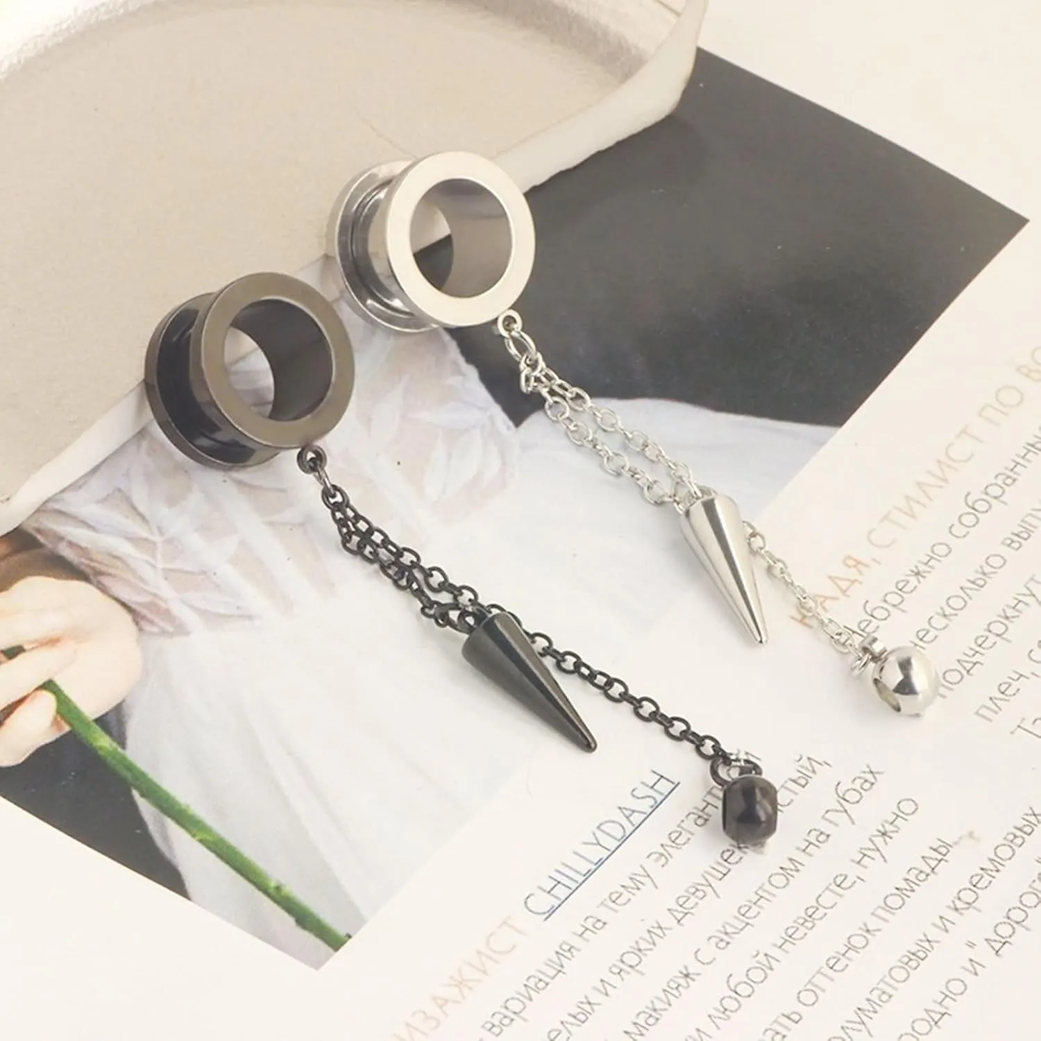 2Pcs Gauged Ear Cuff, Unique Ear Gauges Round with Chain and Cone Pendant, Silver Stainless Steel Gauge Jewelry
