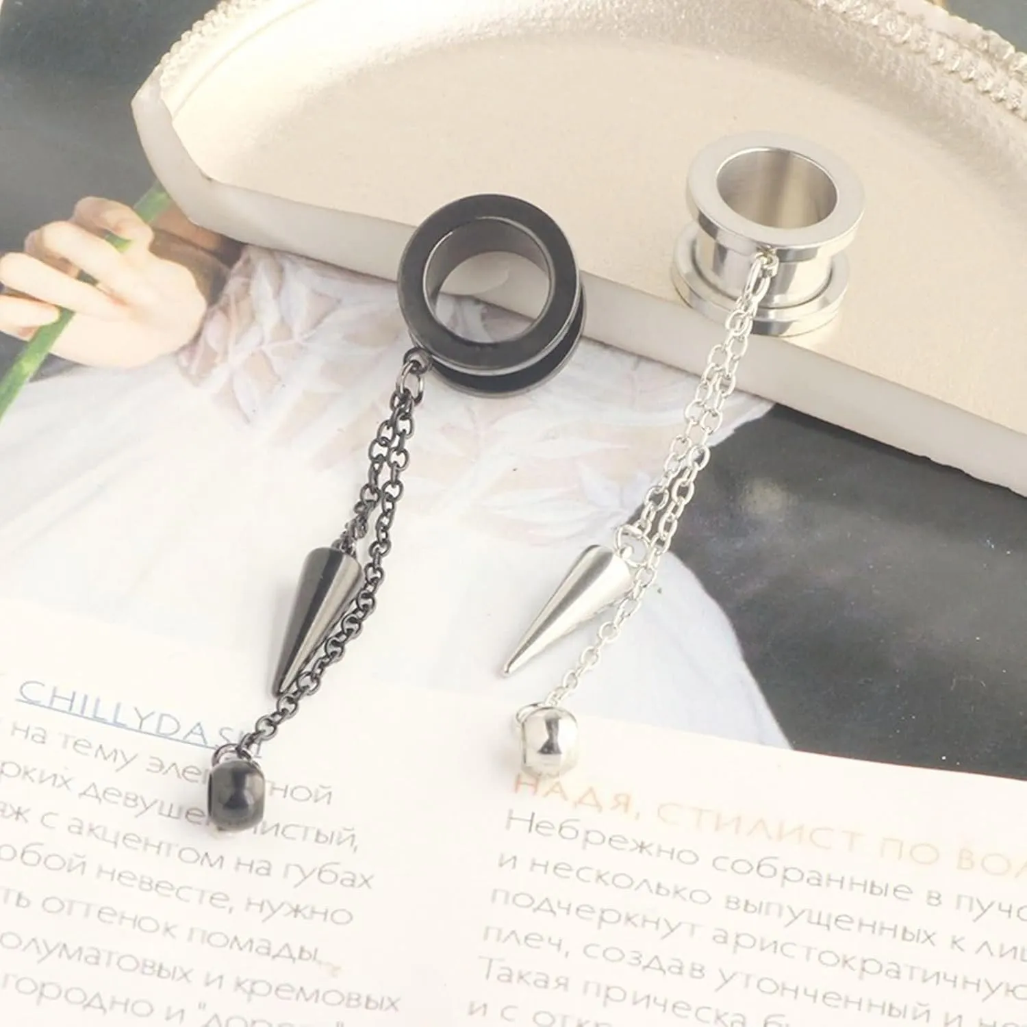 2Pcs Gauged Ear Cuff, Unique Ear Gauges Round with Chain and Cone Pendant, Silver Stainless Steel Gauge Jewelry
