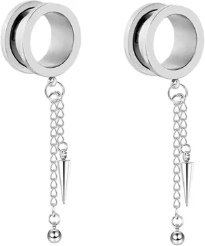 2Pcs Gauged Ear Cuff, Unique Ear Gauges Round with Chain and Cone Pendant, Silver Stainless Steel Gauge Jewelry