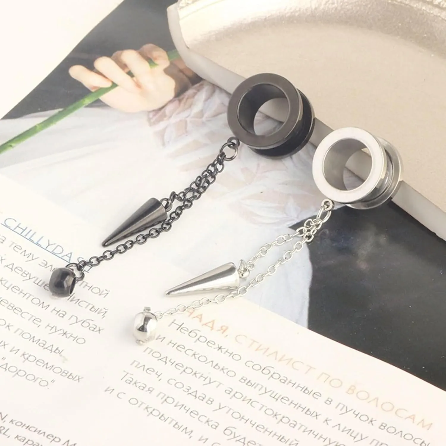 2Pcs Gauged Ear Cuff, Unique Ear Gauges Round with Chain and Cone Pendant, Silver Stainless Steel Gauge Jewelry