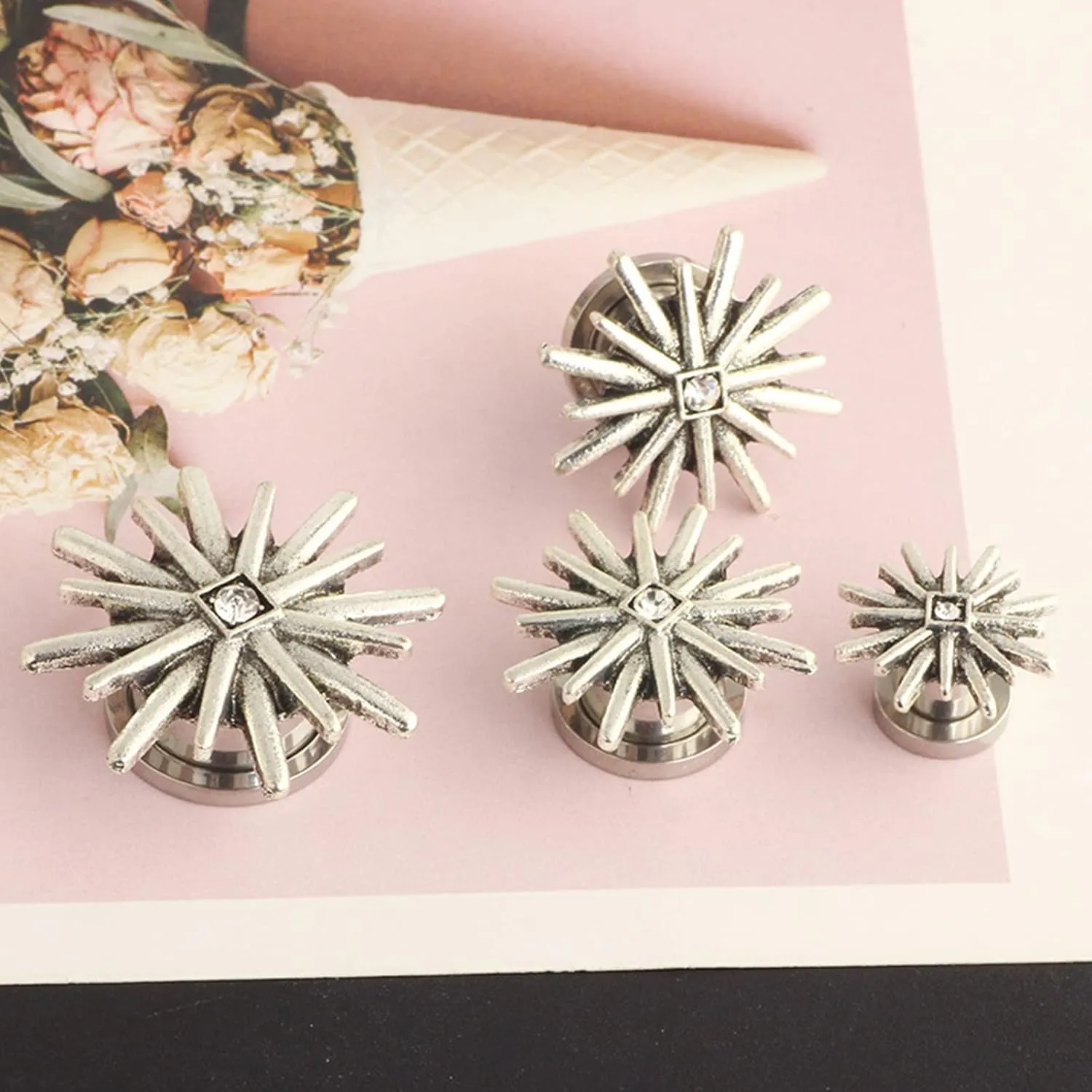 2PCS Mens Womens Gauges for Ears Unique, Body Piercing Jewelry Surgical Steel Flower with Cubic Zirconia