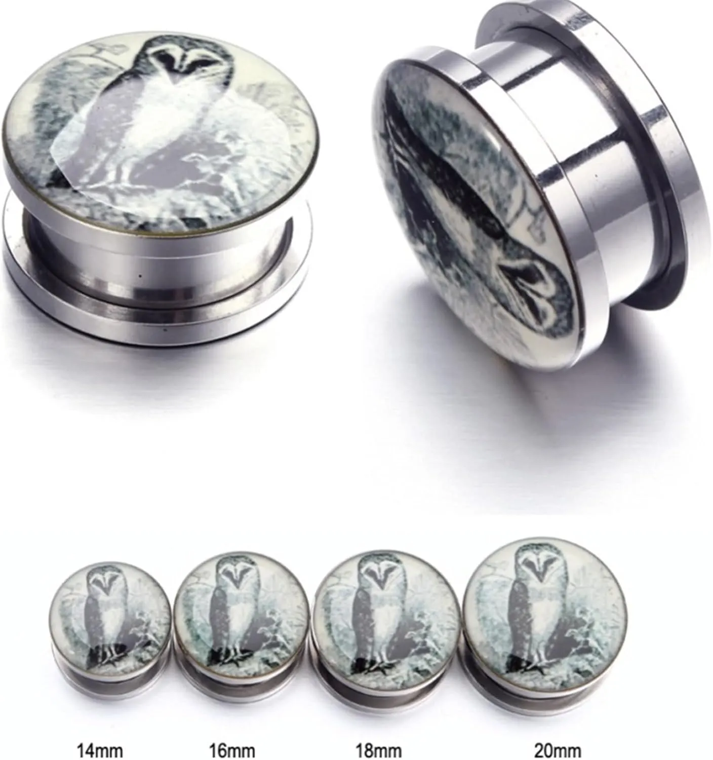 2Pcs Plug Gauges, Unique Ear Tunnels Epoxy with Owl Pattern Stainless Steel Ear Gauges for Women