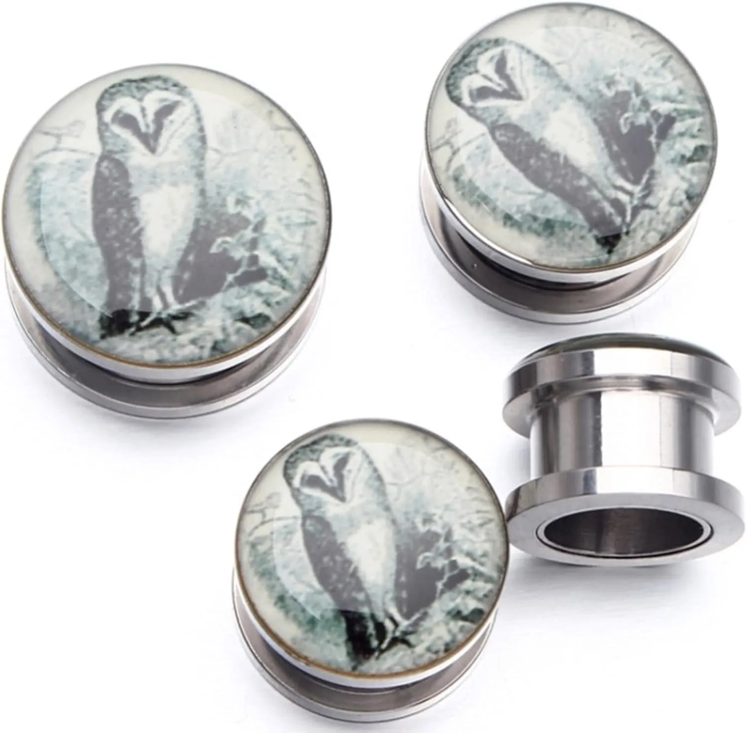 2Pcs Plug Gauges, Unique Ear Tunnels Epoxy with Owl Pattern Stainless Steel Ear Gauges for Women