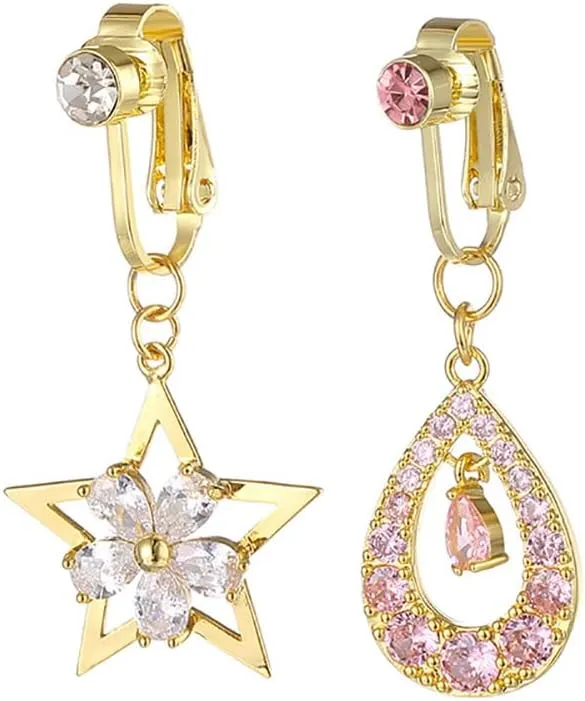 2Pcs Star Teardrop Fake Belly Button Rings Fake Belly Jewelry for Women Pink CZ Stainless Steel Non Piercing Belly Navel Rings Fake Body Piercing Jewelry