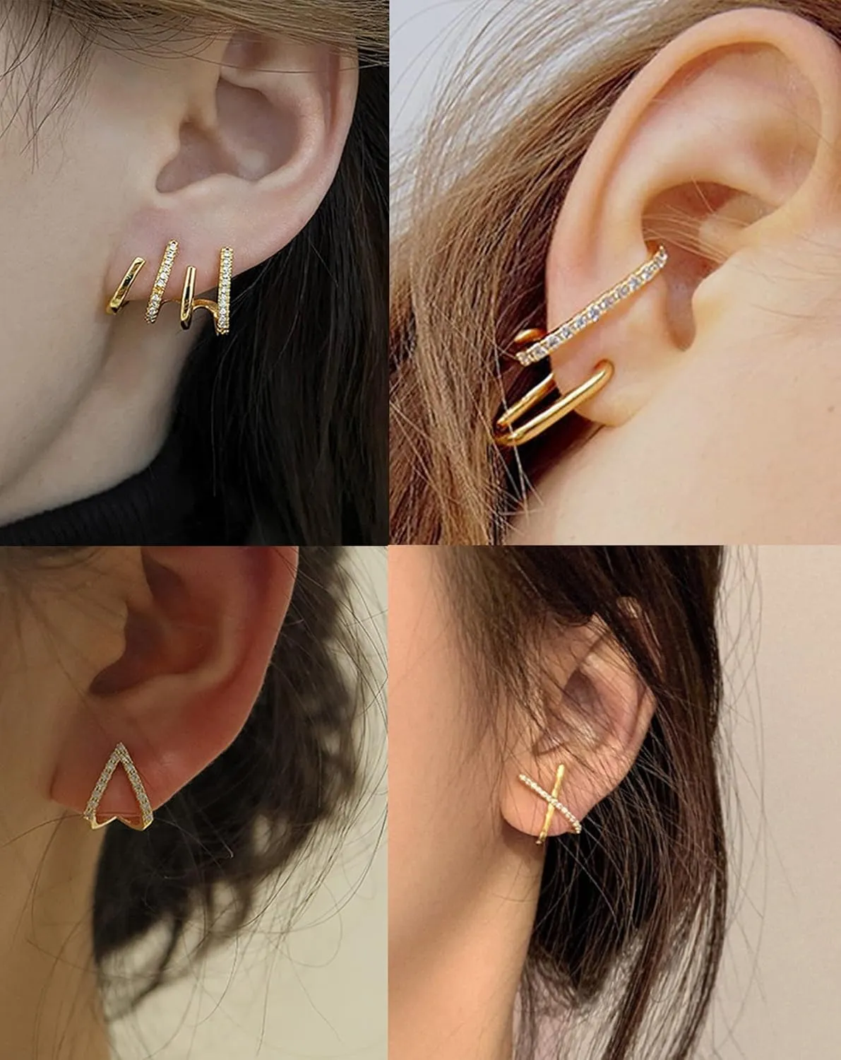 3-6 Pairs Claw Earrings X-shaped Heart Snowflake Butterfly Shiny Pearl CZ Ear Cuff Minimalist Double Wrap Stud Huggie Earrings Jewelry Set for Women Silver Gold Tone