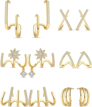 3-6 Pairs Claw Earrings X-shaped Heart Snowflake Butterfly Shiny Pearl CZ Ear Cuff Minimalist Double Wrap Stud Huggie Earrings Jewelry Set for Women Silver Gold Tone