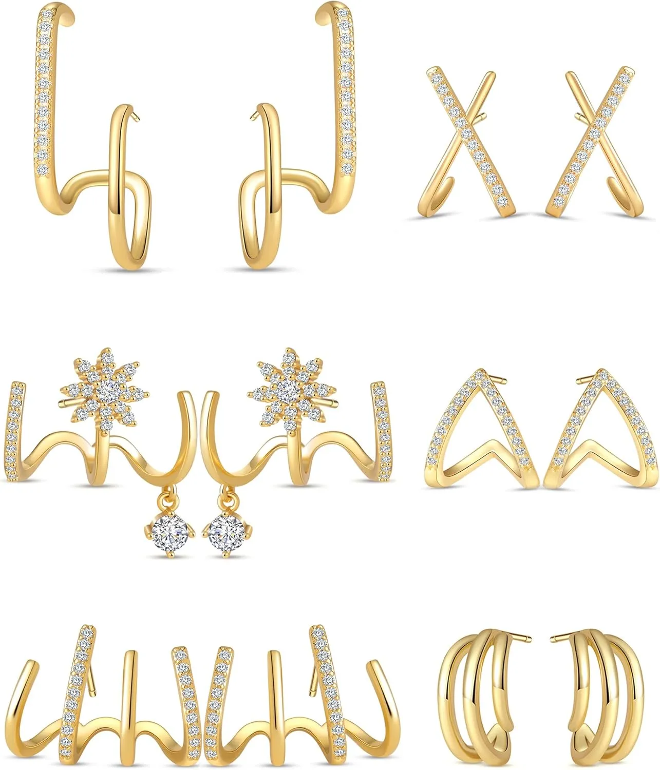 3-6 Pairs Claw Earrings X-shaped Heart Snowflake Butterfly Shiny Pearl CZ Ear Cuff Minimalist Double Wrap Stud Huggie Earrings Jewelry Set for Women Silver Gold Tone