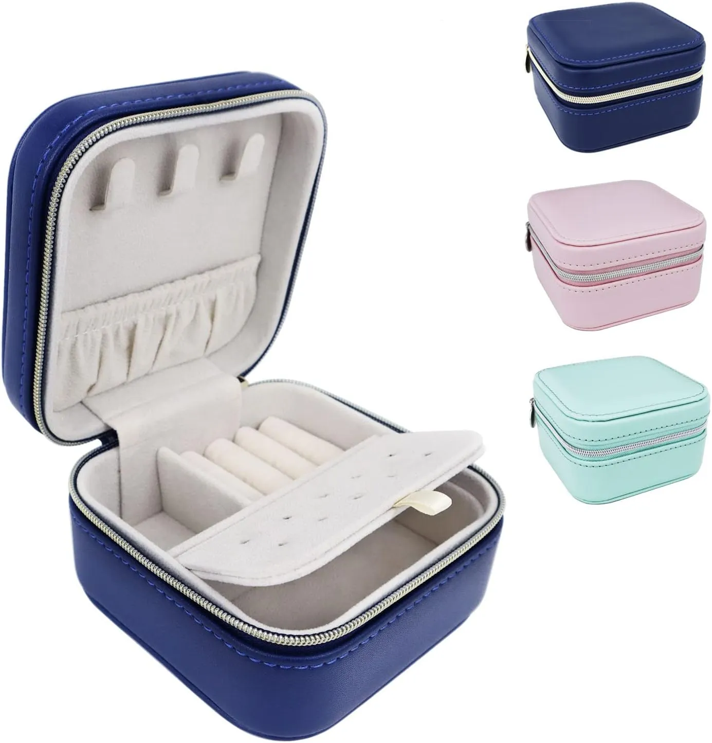 3 Pack Travel Small Portable Mini Travel Jewelry Case Organizer Rings Necklaces Earrings and Lipstick Blue Green and Pink