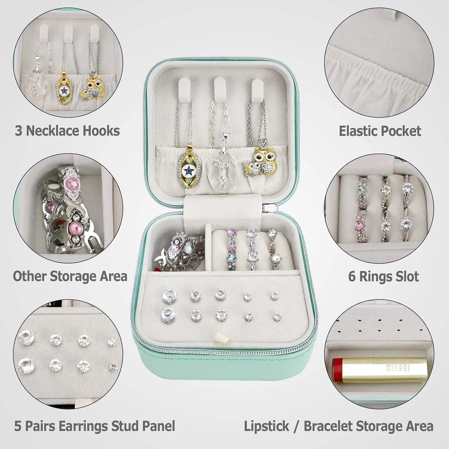 3 Pack Travel Small Portable Mini Travel Jewelry Case Organizer Rings Necklaces Earrings and Lipstick Blue Green and Pink