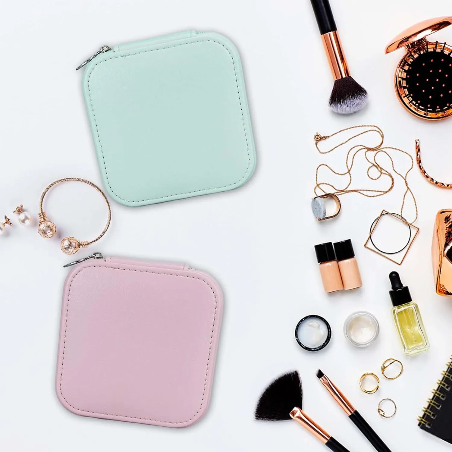 3 Pack Travel Small Portable Mini Travel Jewelry Case Organizer Rings Necklaces Earrings and Lipstick Blue Green and Pink