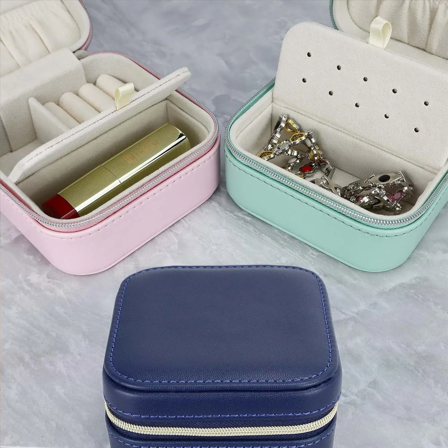 3 Pack Travel Small Portable Mini Travel Jewelry Case Organizer Rings Necklaces Earrings and Lipstick Blue Green and Pink