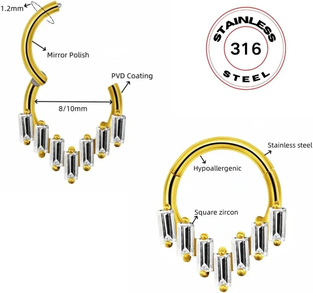 316 Stainless Steel Nose Ring Shiny Zirconia For Women Medical Steel Septum Piercing Ear Cartilage Helix Hoop Jewelry Casting Prong stone Nose Piercing