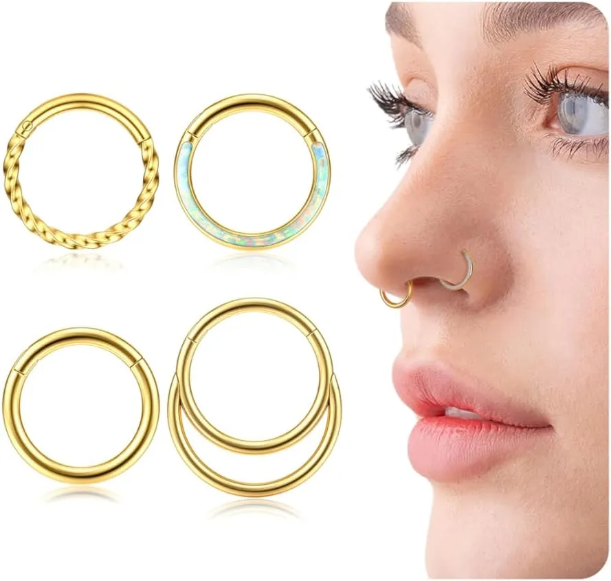 3Pcs 18K Gold Nose Ring Hoop 8mm 316L Surgical Steel Septum Nose Rings for Women Clicker CZ Nose Hoops 16 Gauge Nose Piercing Jewelry for Multiple Piercings