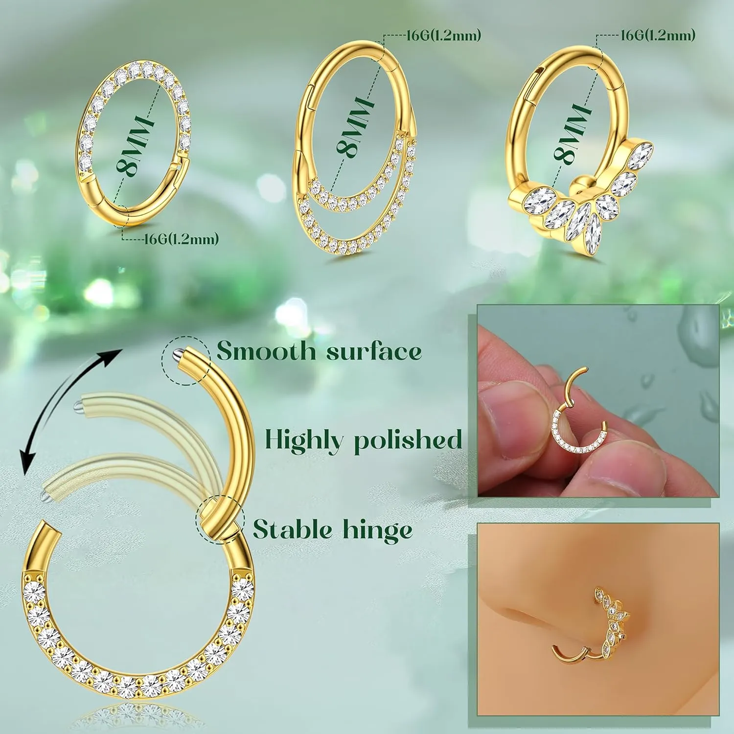 3Pcs 18K Gold Nose Ring Hoop 8mm 316L Surgical Steel Septum Nose Rings for Women Clicker CZ Nose Hoops 16 Gauge Nose Piercing Jewelry for Multiple Piercings