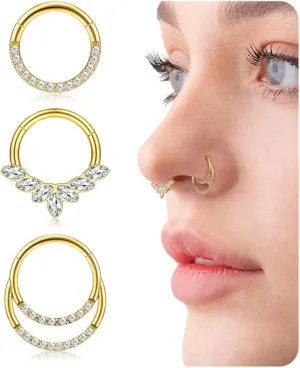 3Pcs 18K Gold Nose Ring Hoop 8mm 316L Surgical Steel Septum Nose Rings for Women Clicker CZ Nose Hoops 16 Gauge Nose Piercing Jewelry for Multiple Piercings