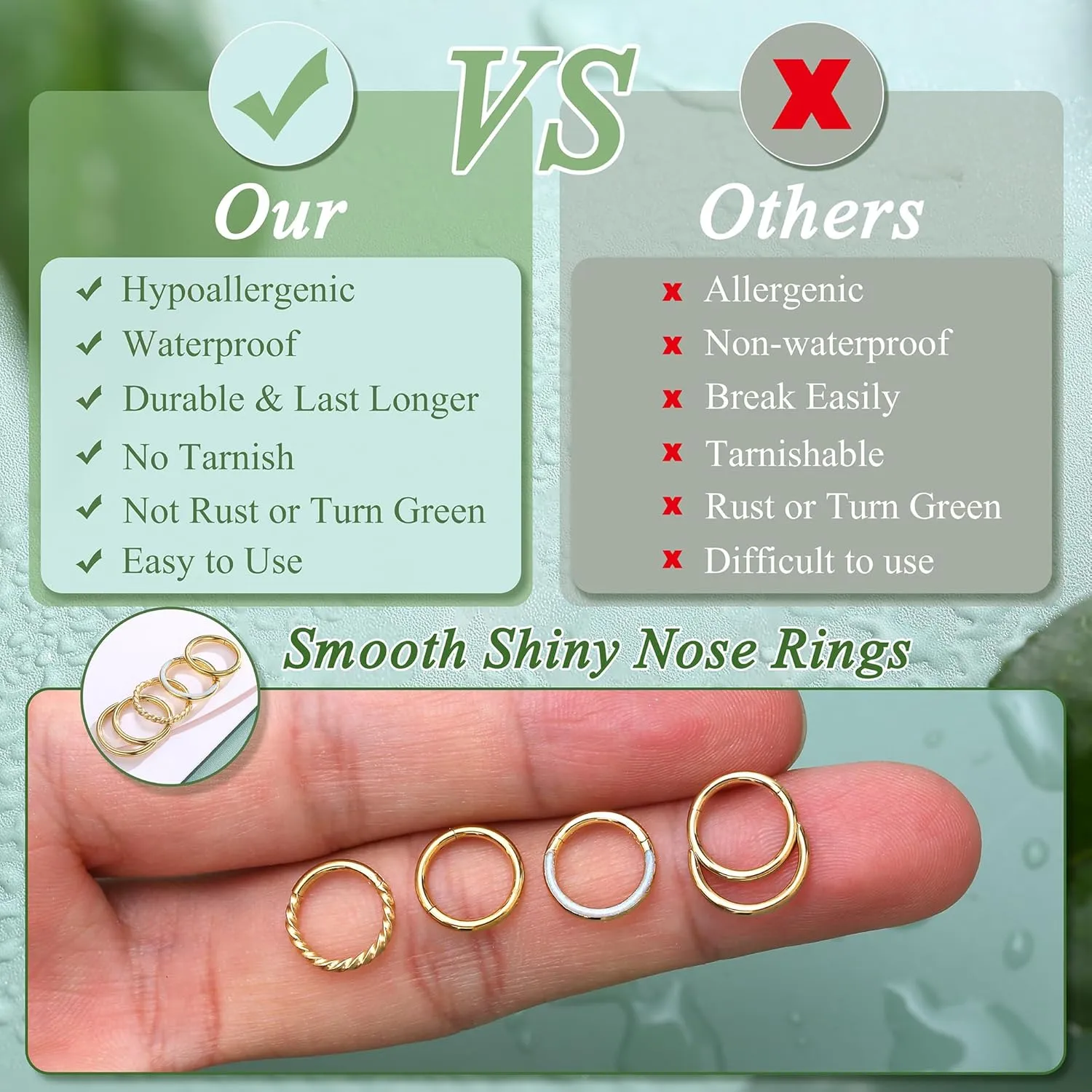 3Pcs 18K Gold Nose Ring Hoop 8mm 316L Surgical Steel Septum Nose Rings for Women Clicker CZ Nose Hoops 16 Gauge Nose Piercing Jewelry for Multiple Piercings