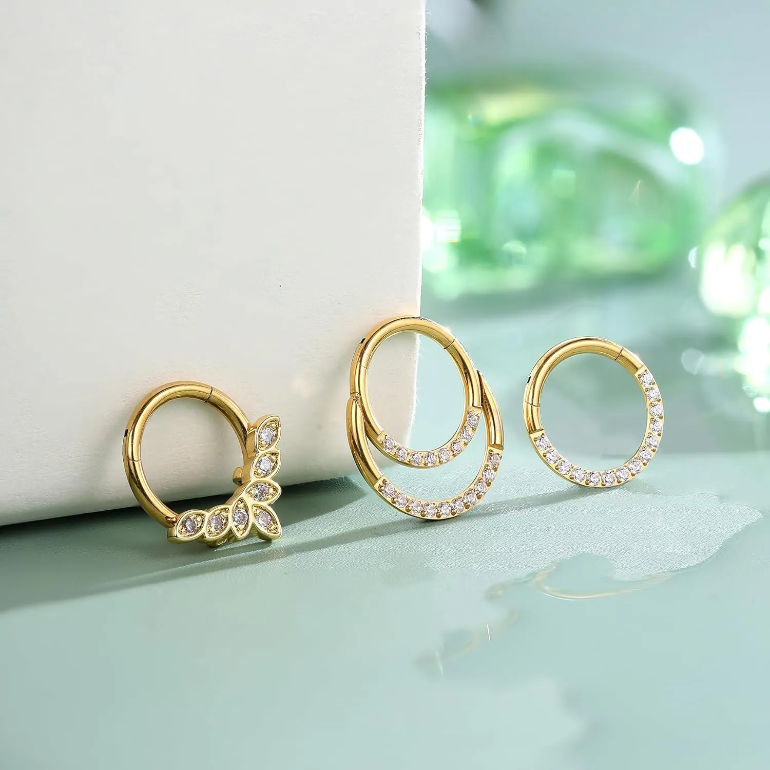 3Pcs 18K Gold Nose Ring Hoop 8mm 316L Surgical Steel Septum Nose Rings for Women Clicker CZ Nose Hoops 16 Gauge Nose Piercing Jewelry for Multiple Piercings