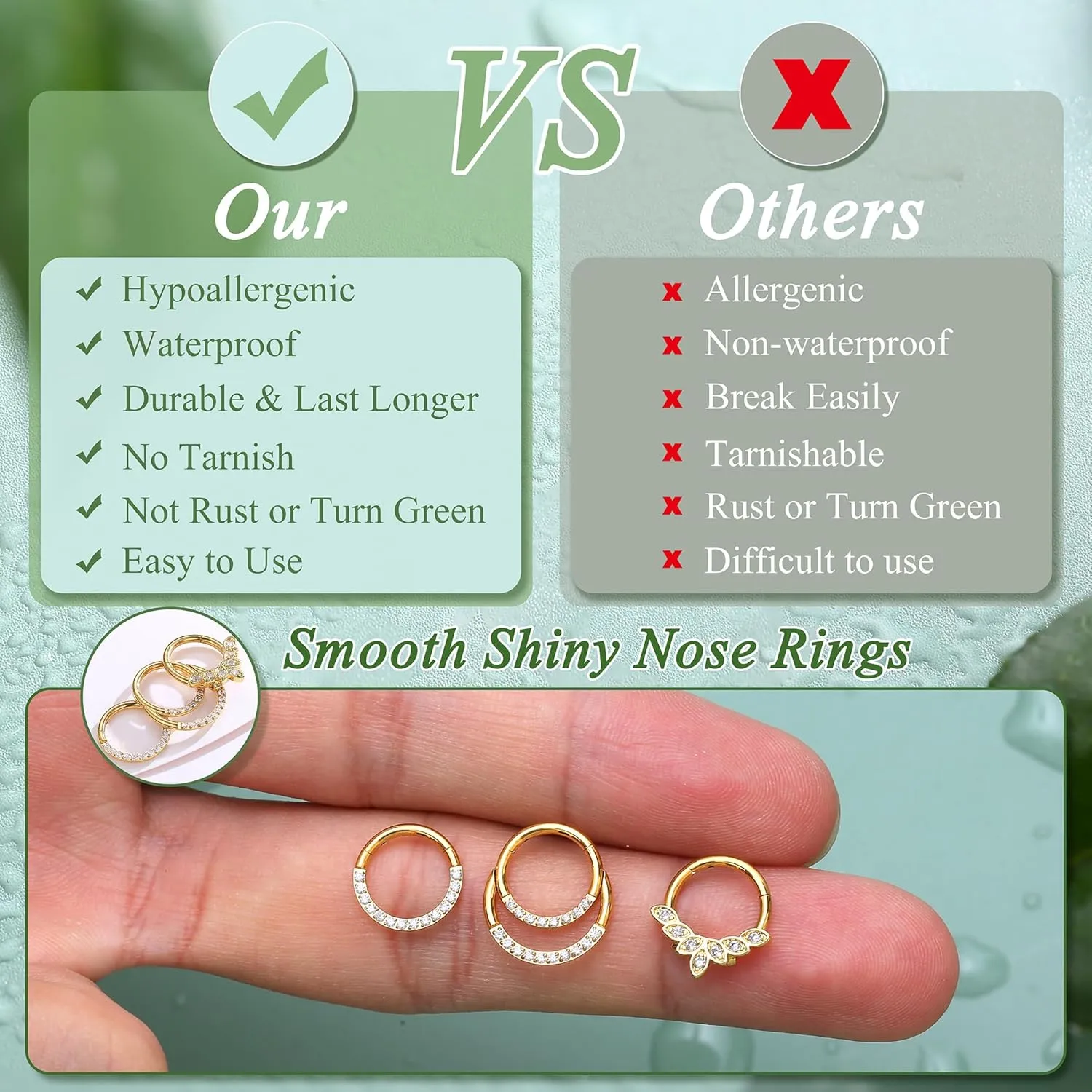 3Pcs 18K Gold Nose Ring Hoop 8mm 316L Surgical Steel Septum Nose Rings for Women Clicker CZ Nose Hoops 16 Gauge Nose Piercing Jewelry for Multiple Piercings