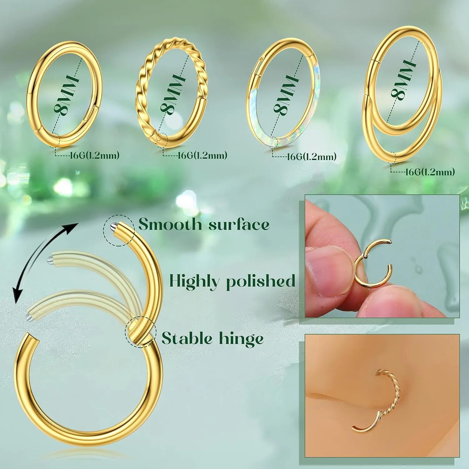3Pcs 18K Gold Nose Ring Hoop 8mm 316L Surgical Steel Septum Nose Rings for Women Clicker CZ Nose Hoops 16 Gauge Nose Piercing Jewelry for Multiple Piercings