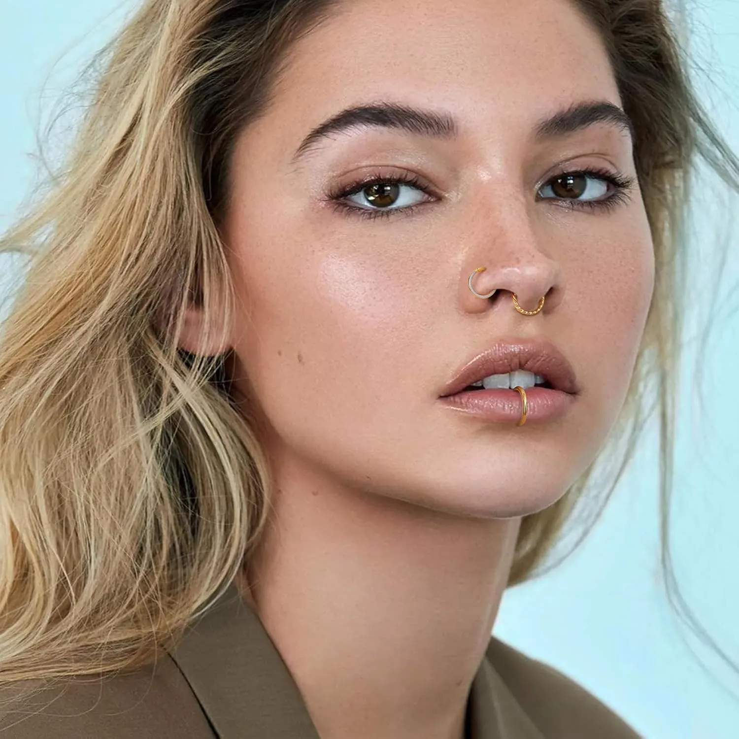 3Pcs 18K Gold Nose Ring Hoop 8mm 316L Surgical Steel Septum Nose Rings for Women Clicker CZ Nose Hoops 16 Gauge Nose Piercing Jewelry for Multiple Piercings