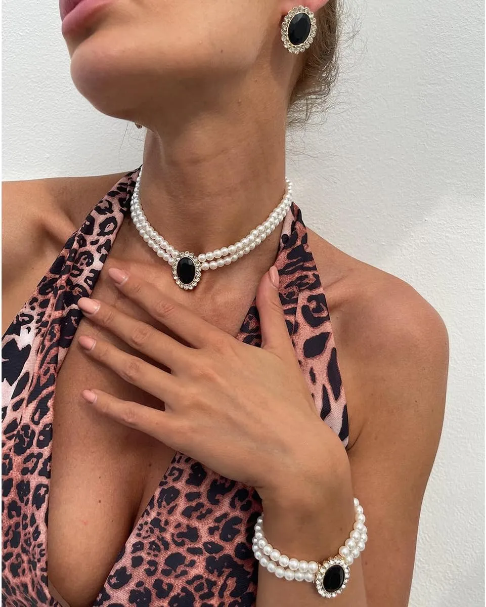 3Pcs Dainty Elegant Imitation Pearl Beaded Choker Necklace Bracelets Earrings Set Handmade Adjustable Faux Pearl Necklace for Women Bridal Wedding Party Prom Birthday Valentine Jewelry Gifts