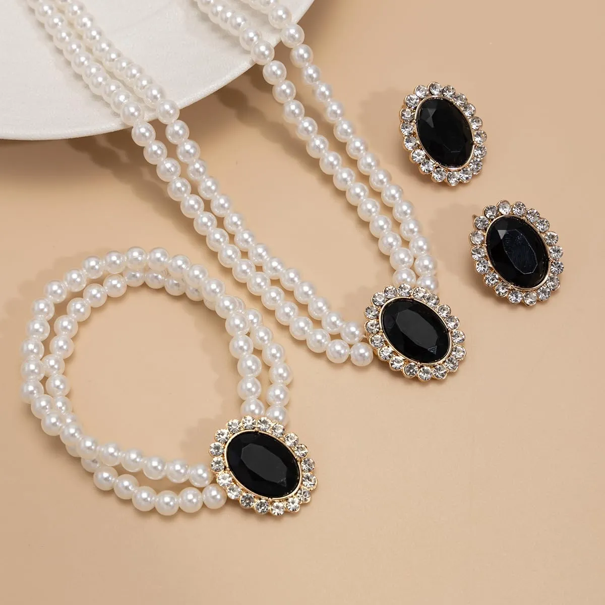 3Pcs Dainty Elegant Imitation Pearl Beaded Choker Necklace Bracelets Earrings Set Handmade Adjustable Faux Pearl Necklace for Women Bridal Wedding Party Prom Birthday Valentine Jewelry Gifts