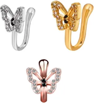 3Pcs Fake Nose Ring U-Shaped Nose Ring for Women Diamond Butterfly Stud,African Nose Cuff CZ Non Pierced Jewelry,Adjustable Ear Cuff Fake Piercings
