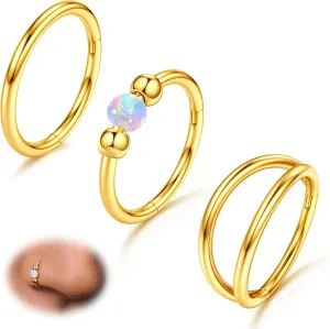 3pcs Nose Rings Hoops - 316L Surgical Steel Double Hoop Nose Ring for Women 14K Gold Opal Nose Ring 20G Hinged CZ Conch Piercing Jewelry Septum Clicker Rings Cartilage Earring Helix Rook Tragus Daith 8mm(Gold)