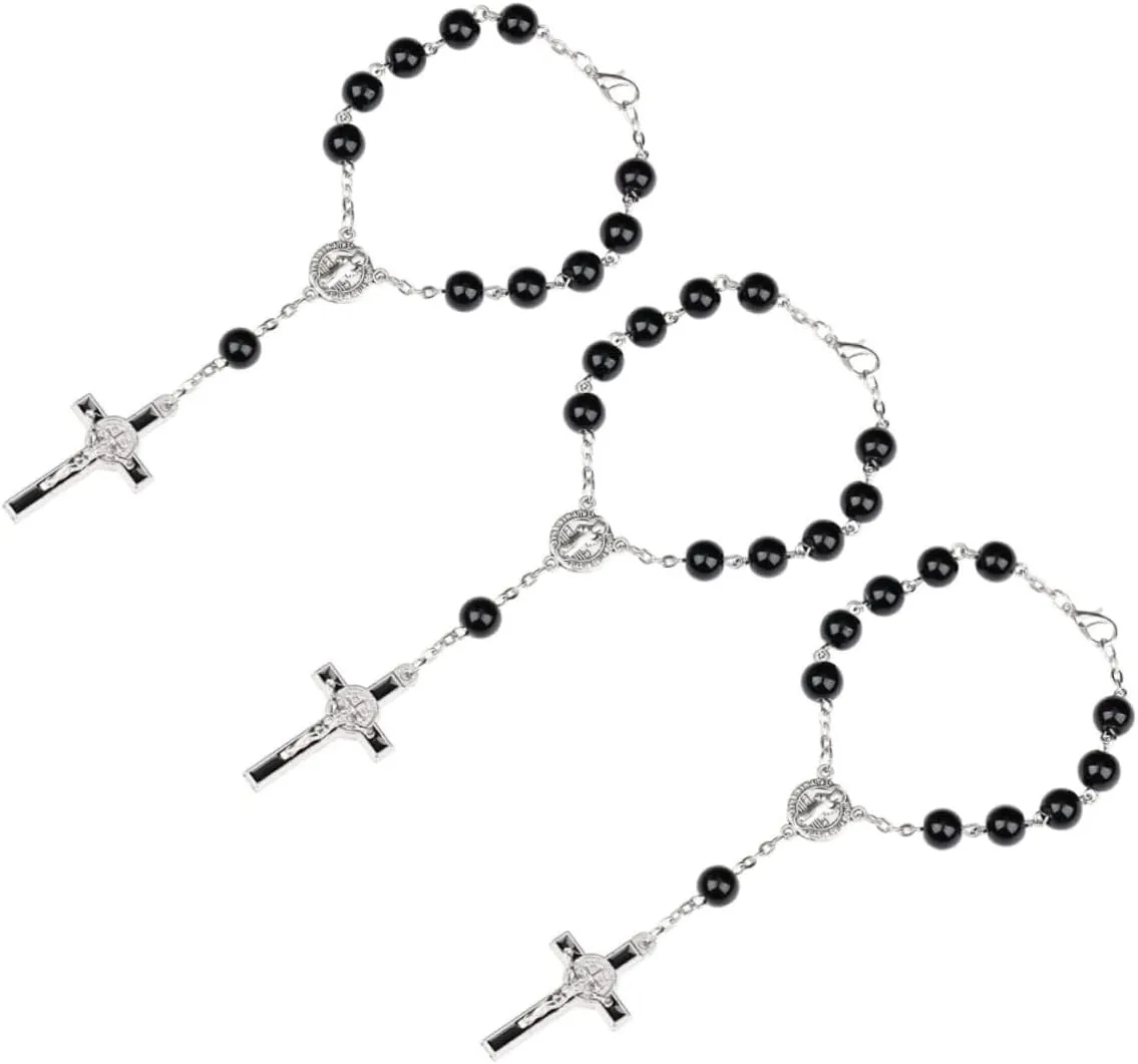3pcs Rosary Bracelet Pendant Christian Jesus Prayer Jewelry Zinc Alloy Cross Beaded Bracelet