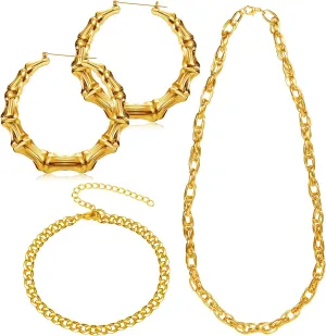 4 Pcs 90s Jewelry Accessories for Women Hip Hop Costume Kit Big Hoop Earrings Set Necklace Bamboo Pendant Cuban Chain Necklace Bracelet for Women Rapper
