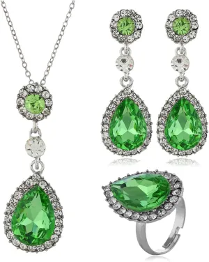 4 Pieces Jewelry Set Elegant Large Teardrop Crystal Pendant Necklace Earring Open Ring Set for Women Birthday Party Anniversary Prom Holiday Gifts