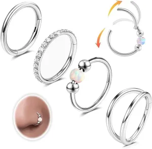 4PCS Nose Rings for Women 316L Surgical Steel Opal Nose Rings 18G Double Hoop Nose Rings Piercing Jewelry Cubic Zirconia Nose Ring, Septum Ring, Cartilage Earrings 18G Gold/Silver