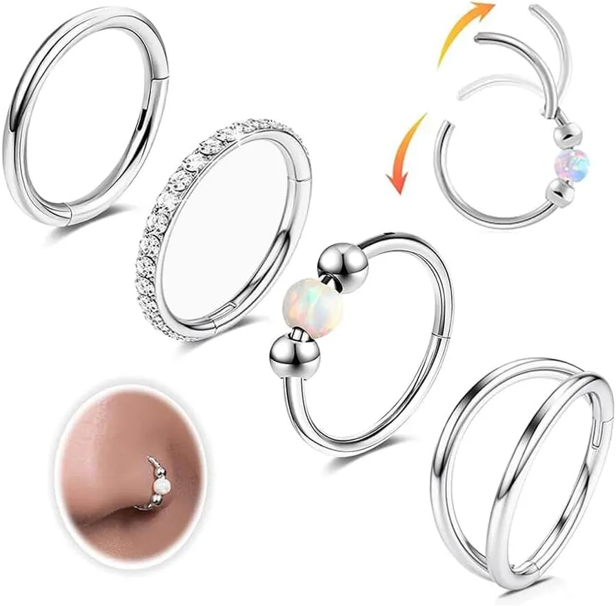 4PCS Nose Rings for Women 316L Surgical Steel Opal Nose Rings 18G Double Hoop Nose Rings Piercing Jewelry Cubic Zirconia Nose Ring, Septum Ring, Cartilage Earrings 18G Gold/Silver