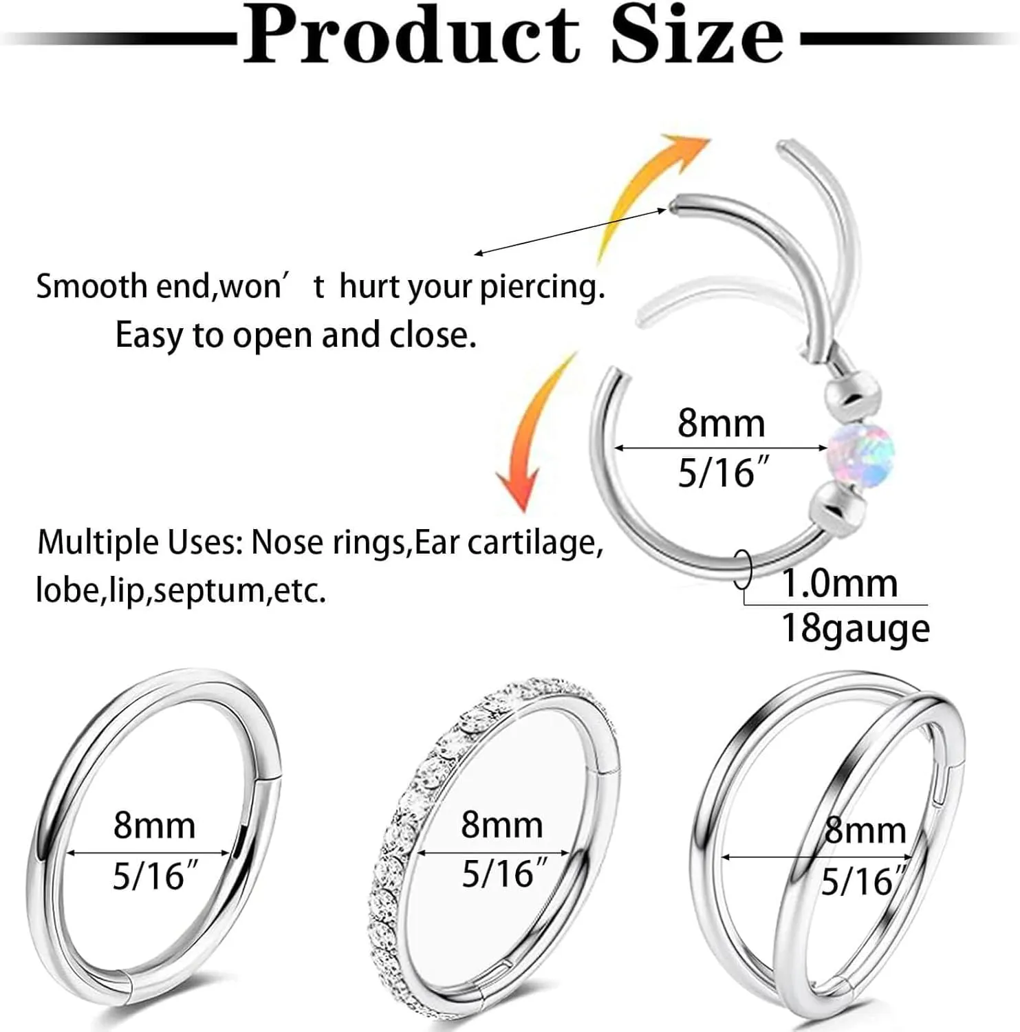 4PCS Nose Rings for Women 316L Surgical Steel Opal Nose Rings 18G Double Hoop Nose Rings Piercing Jewelry Cubic Zirconia Nose Ring, Septum Ring, Cartilage Earrings 18G Gold/Silver