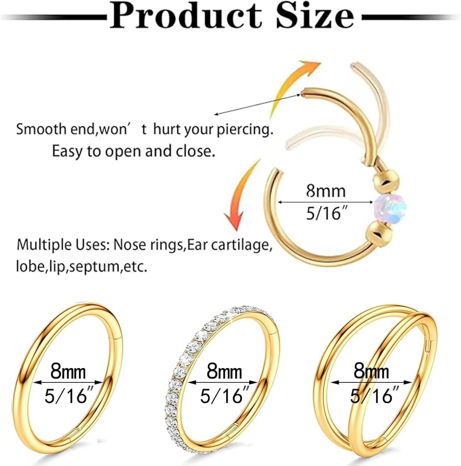 4PCS Nose Rings for Women 316L Surgical Steel Opal Nose Rings 18G Double Hoop Nose Rings Piercing Jewelry Cubic Zirconia Nose Ring, Septum Ring, Cartilage Earrings 18G Gold/Silver